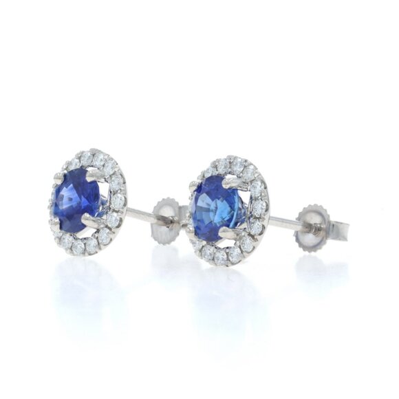 White Gold Sapphire Diamond Halo Stud Earrings - 14k Round 2.42ctw Pierced - Picture 3 of 6